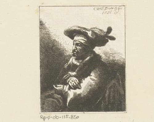 Oude man met platte muts en veer by Christian Wilhelm Ernst Dietrich