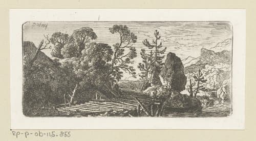 Landschap met houten brug en rotsblok by Christian Wilhelm Ernst Dietrich