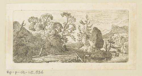 Landschap met houten brug en rotsblok by Christian Wilhelm Ernst Dietrich