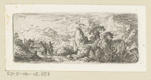 Landschap met rotsblok naast pad en berg in de verte by Christian Wilhelm Ernst Dietrich