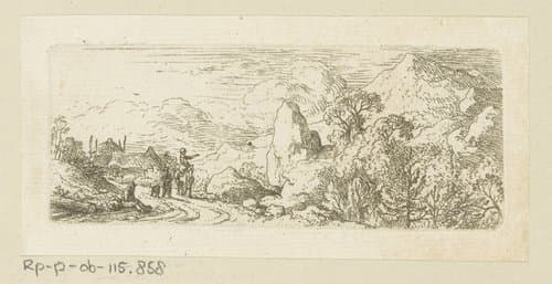 Landschap met rotsblok naast pad en berg in de verte by Christian Wilhelm Ernst Dietrich