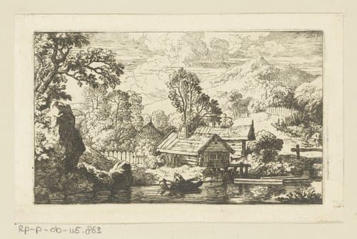 Berglandschap met hutten aan het water by Christian Wilhelm Ernst Dietrich