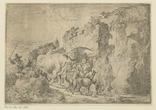 Herder met kudde bij een ruïne by Christian Wilhelm Ernst Dietrich