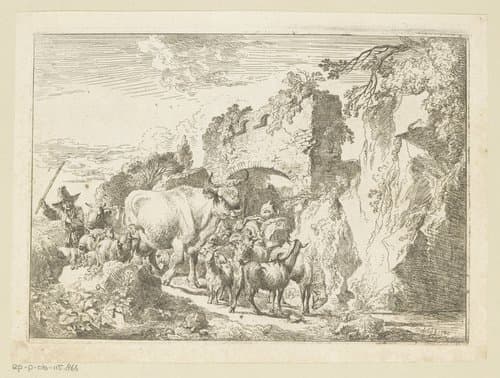 Herder met kudde bij een ruïne by Christian Wilhelm Ernst Dietrich