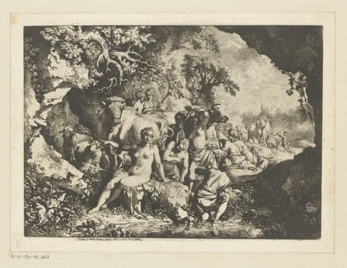 Rotslandschap met badende nimfen by Christian Wilhelm Ernst Dietrich