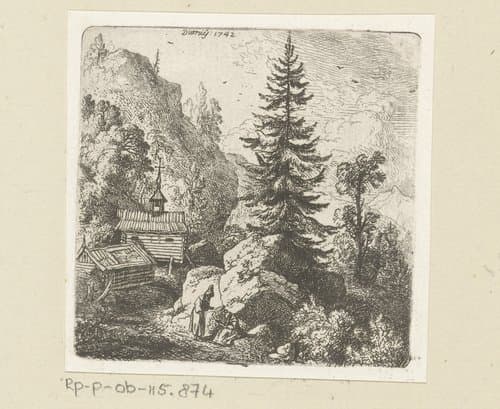 Berglandschap met spar en kerk by Christian Wilhelm Ernst Dietrich