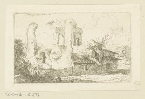 Landschap met in ruïne gebouwde woning by Christian Wilhelm Ernst Dietrich