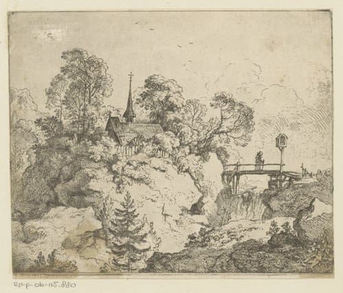 Landschap met kerk en links een kluizenaar op de brug by Christian Wilhelm Ernst Dietrich