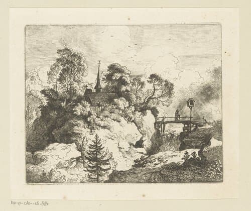 Landschap met kerk en links een kluizenaar op de brug by Christian Wilhelm Ernst Dietrich
