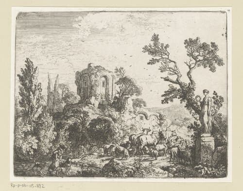 Berglandschap met ruïne en een kudde dieren bij het beeld van Flora