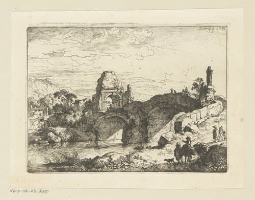 Landschap met de ruïne van een poort naast een vervallen brug