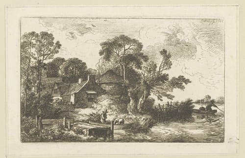 Boerderij met hooiberg aan het water by Christian Wilhelm Ernst Dietrich