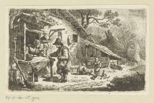 Boerin verkoopt haar waren vanuit huis, terwijl een kind de kippen voert by Christian Wilhelm Ernst Dietrich