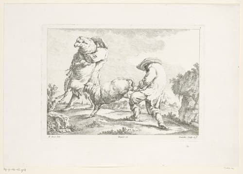 Twee mannen vangen twee schapen by Balthasar Anton Dunker