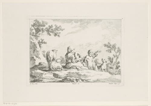 Vrouw met doedelzak en dansend kind omringd door schapen en een hond by Balthasar Anton Dunker