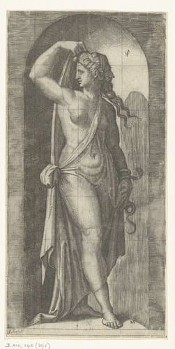Vrouw als personificatie van Voorzichtigheid (Prudentia) met slang en masker by Marcantonio Raimondi