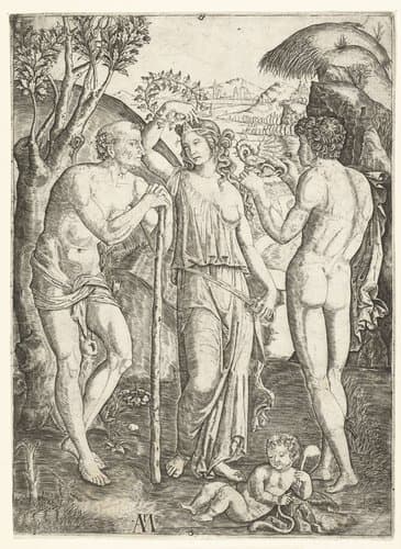 Jonge vrouw met bladerkrans staand tussen oude man leunend op stok en jonge man met draak en kind by Marcantonio Raimondi