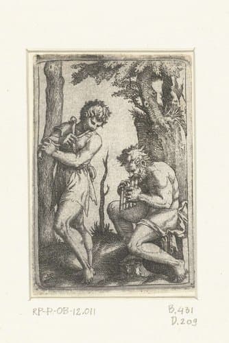 Jonge herder met schalmei en oude herder met panfluit by Marcantonio Raimondi