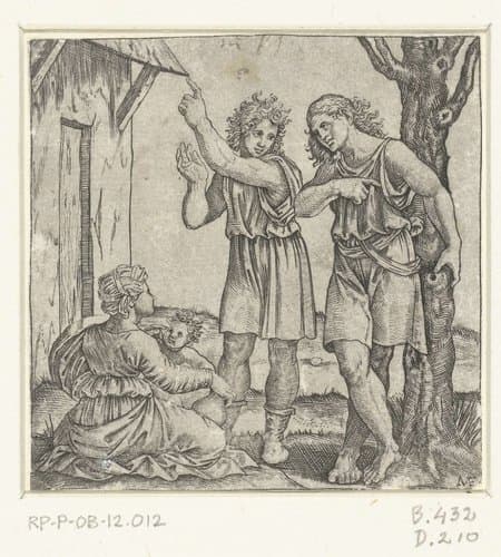 Moeder met kind pratend met twee mannen by Marcantonio Raimondi