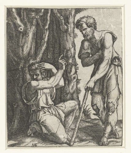 Man knielt en wendt zich af van bedelaar aan bosrand by Marcantonio Raimondi