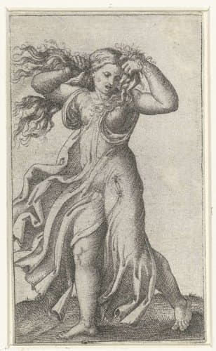 Vrouw in wapperend gewaad trekt aan haar haar by Marcantonio Raimondi
