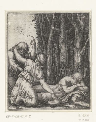 Man en jonge vrouw bij slapende naakte man voor bosrand by Marcantonio Raimondi