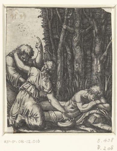 Man en jonge vrouw bij slapende naakte man voor bosrand by Marcantonio Raimondi