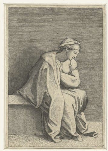 Zittende vrouw in overpeinzing by Marcantonio Raimondi