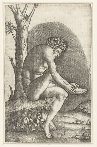 Zittende naakte man bekijkt wond aan voet by Marcantonio Raimondi