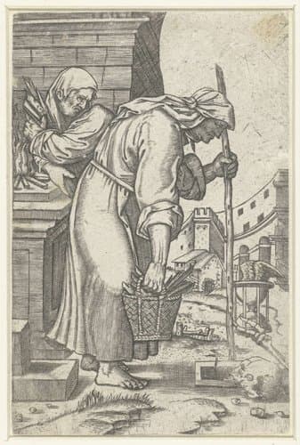 Oude vrouw nadert haar graf by Marcantonio Raimondi