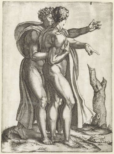 Twee gebarende naakte mannen by Marcantonio Raimondi