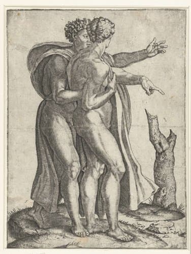 Twee gebarende naakte mannen by Marcantonio Raimondi