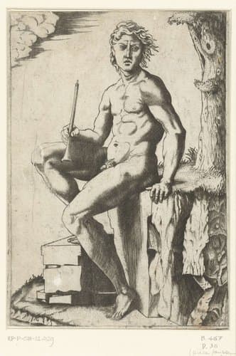 Zittende naakte man met een fluit by Marcantonio Raimondi