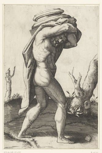 Naakte man draagt basis van zuil op zijn rug by Marcantonio Raimondi