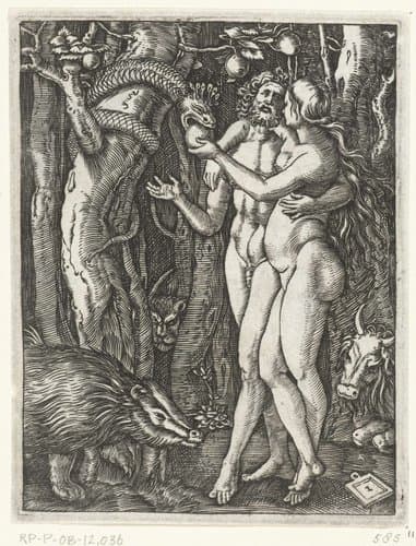 Adam en Eva bij zondeval in paradijs by Marcantonio Raimondi