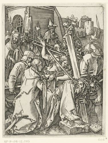 Christus draagt kruis en ontmoet heilige Veronica met zweetdoek op weg naar Golgotha by Marcantonio Raimondi