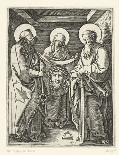 Heilige Veronica met zweetdoek (sudarium) staand tussen heiligen Petrus en Paulus by Marcantonio Raimondi