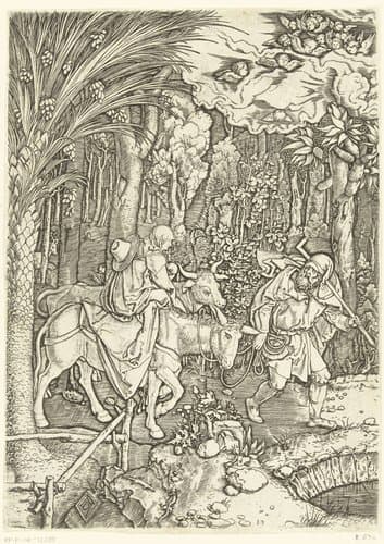 Maria met Christus en Jozef tijdens vlucht naar Egypte by Marcantonio Raimondi