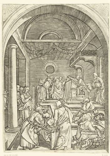 Christus onderwijst schriftgeleerden in tempel by Marcantonio Raimondi