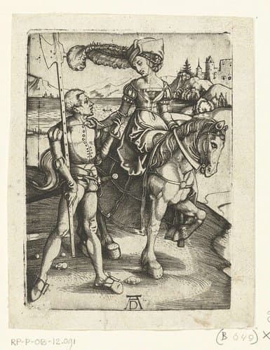 Vrouw te paard en man met hellebaard by Antonie Wierix (II)