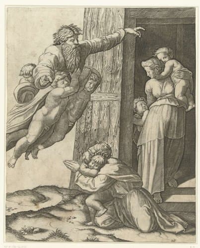 God verschijnt aan Noach na de zondvloed by Marcantonio Raimondi