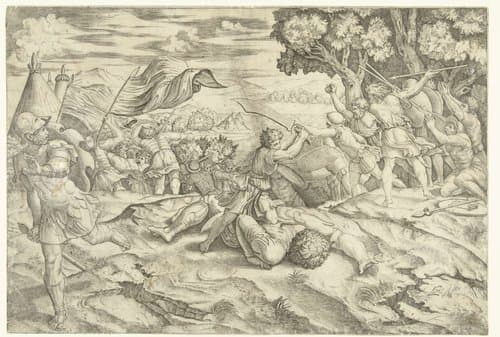 David onthoofdt Goliath by Marcantonio Raimondi