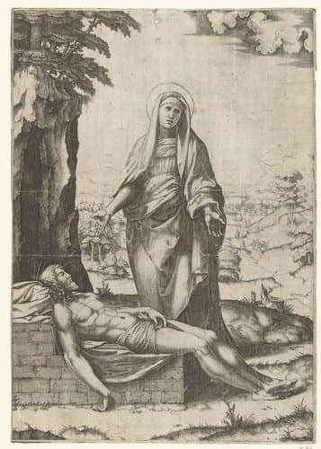 Bewening van dode Christus door Maria by Marcantonio Raimondi