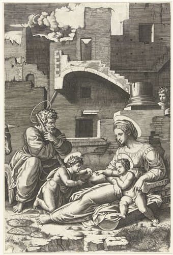 Maria met kind en Jozef en kleine Johannes de Doper by Marcantonio Raimondi