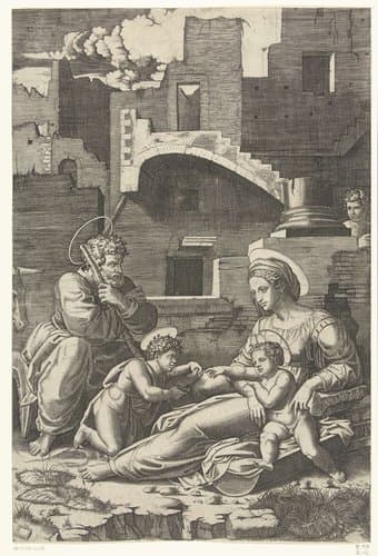 Maria met kind en Jozef en kleine Johannes de Doper by Marcantonio Raimondi