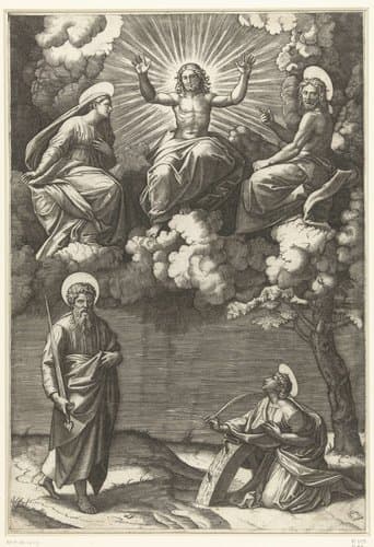Christus en Maria en Johannes de Doper met heiligen Paulus en Catharina van Alexandrië by Marcantonio Raimondi