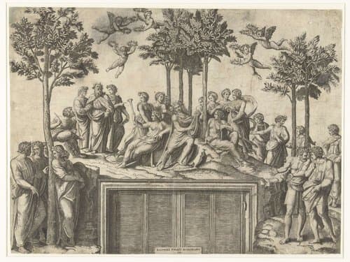Apollo en muzen op berg Parnassus by Marcantonio Raimondi