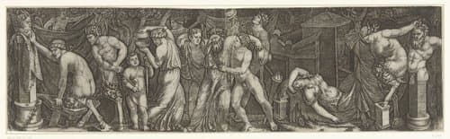 Bacchanaal met dronken Bacchus en saters en maenaden by Marcantonio Raimondi