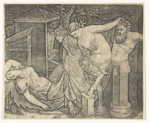Fragment van bacchanaal met satervrouw en herme en slapende bacchante by Marcantonio Raimondi