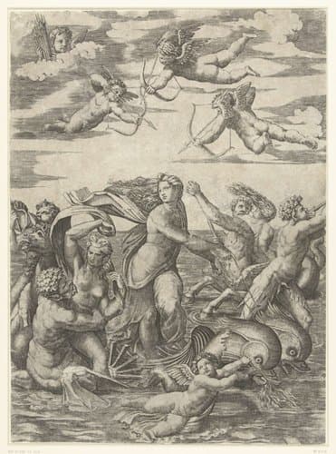 Triomf van Galatea met tritons en nereïden en putti by Marcantonio Raimondi